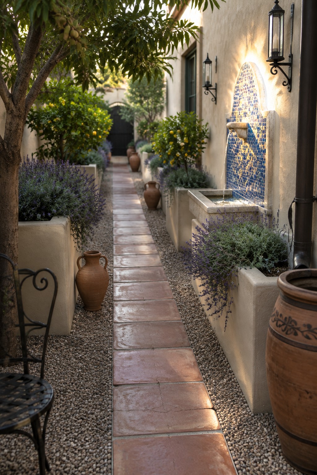 A narrow side yard features a straight terracotta tile path bordered by large clay pots with lavender and shrubs, leading toward a blue tiled wall fountain.