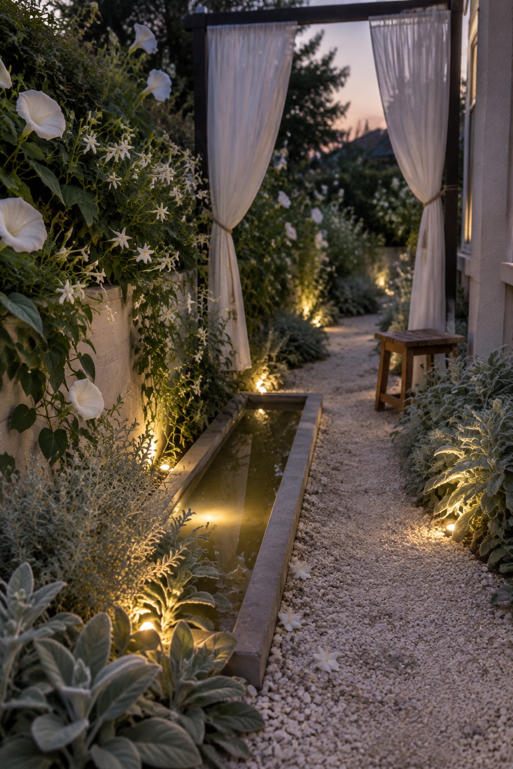A narrow gravel path beside a long concrete water channel, bordered by white flowering vines and silvery plants with string lights at dusk.