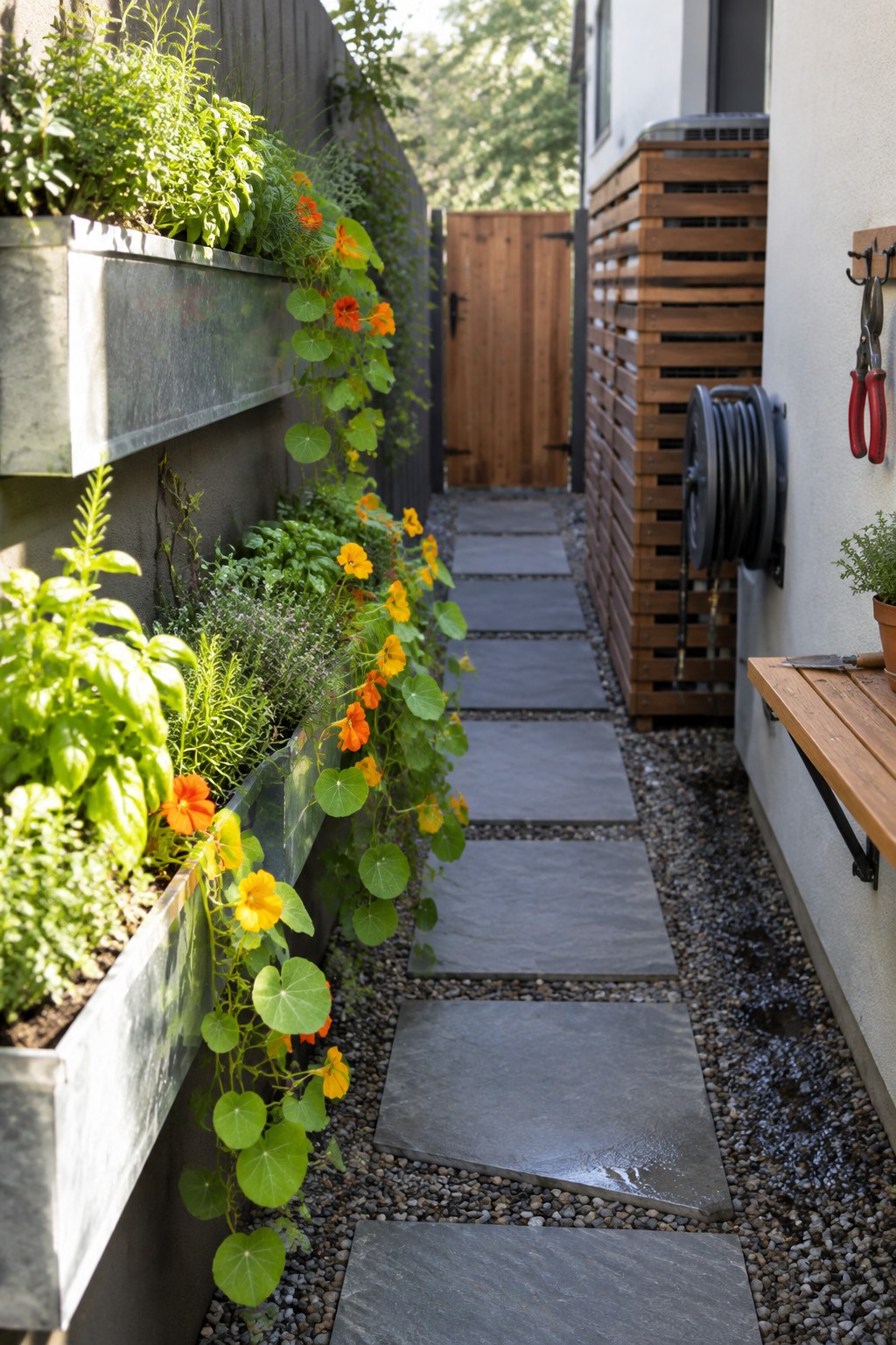Narrow stone path lined with blooming orange flowers in metal planters beside wooden bench.