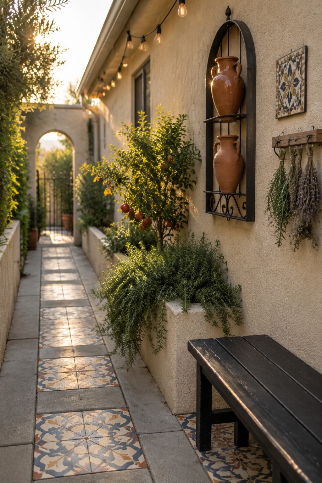 A narrow paved side yard path with patterned tiles runs beside raised concrete planters holding green shrubs and a small tree, next to a stucco house wall with wall-mounted terracotta pots and a black wooden bench.