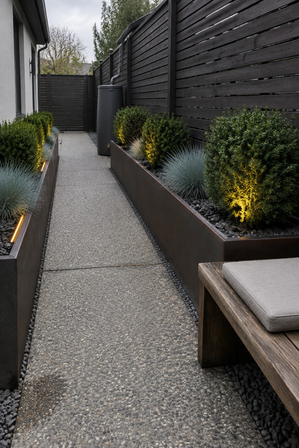 A narrow gravel-edged concrete path runs between dark metal raised planters filled with shrubs and ornamental grasses, with a wooden bench on the right side.