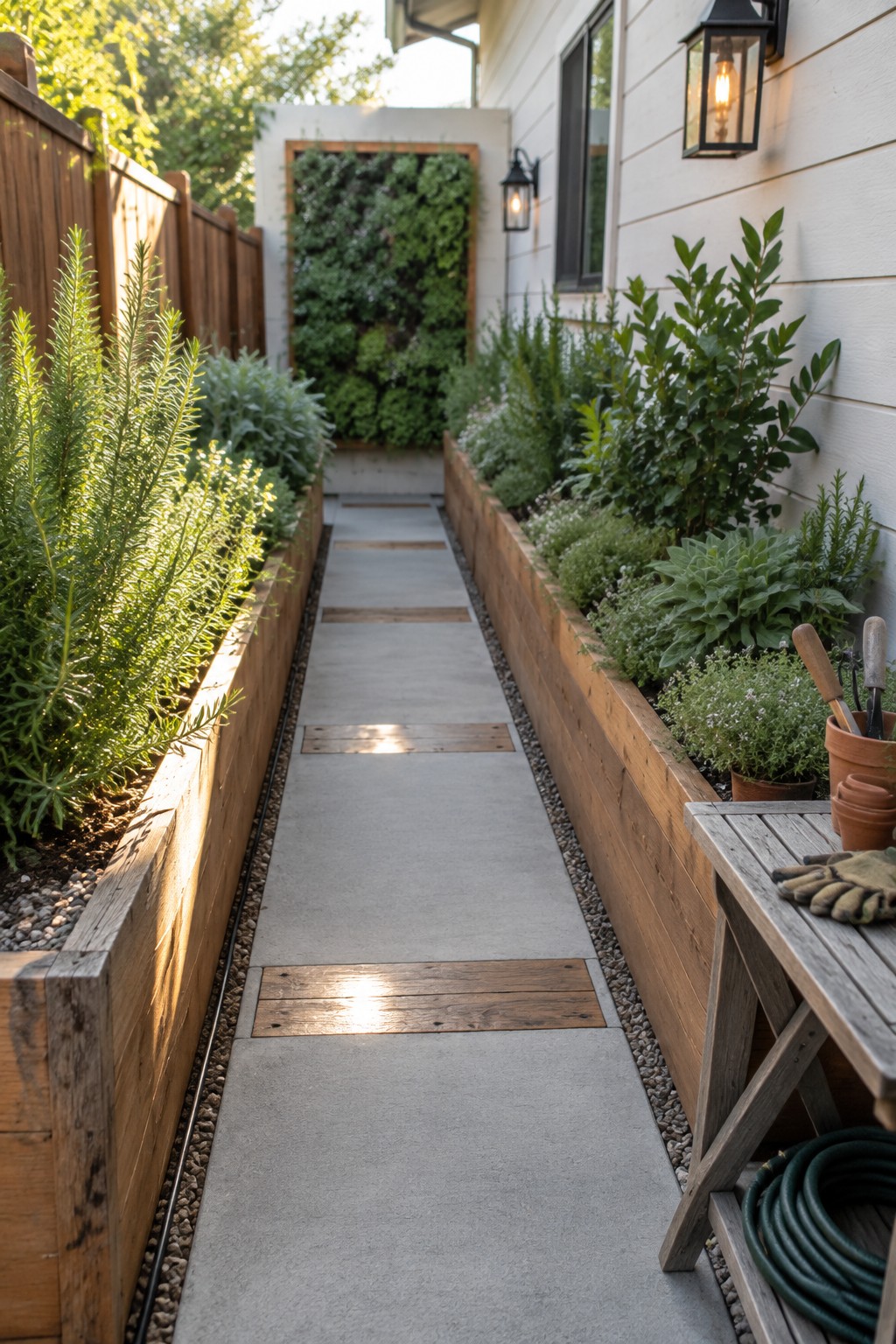 Narrow concrete path lined with lush green plants in wooden raised beds.