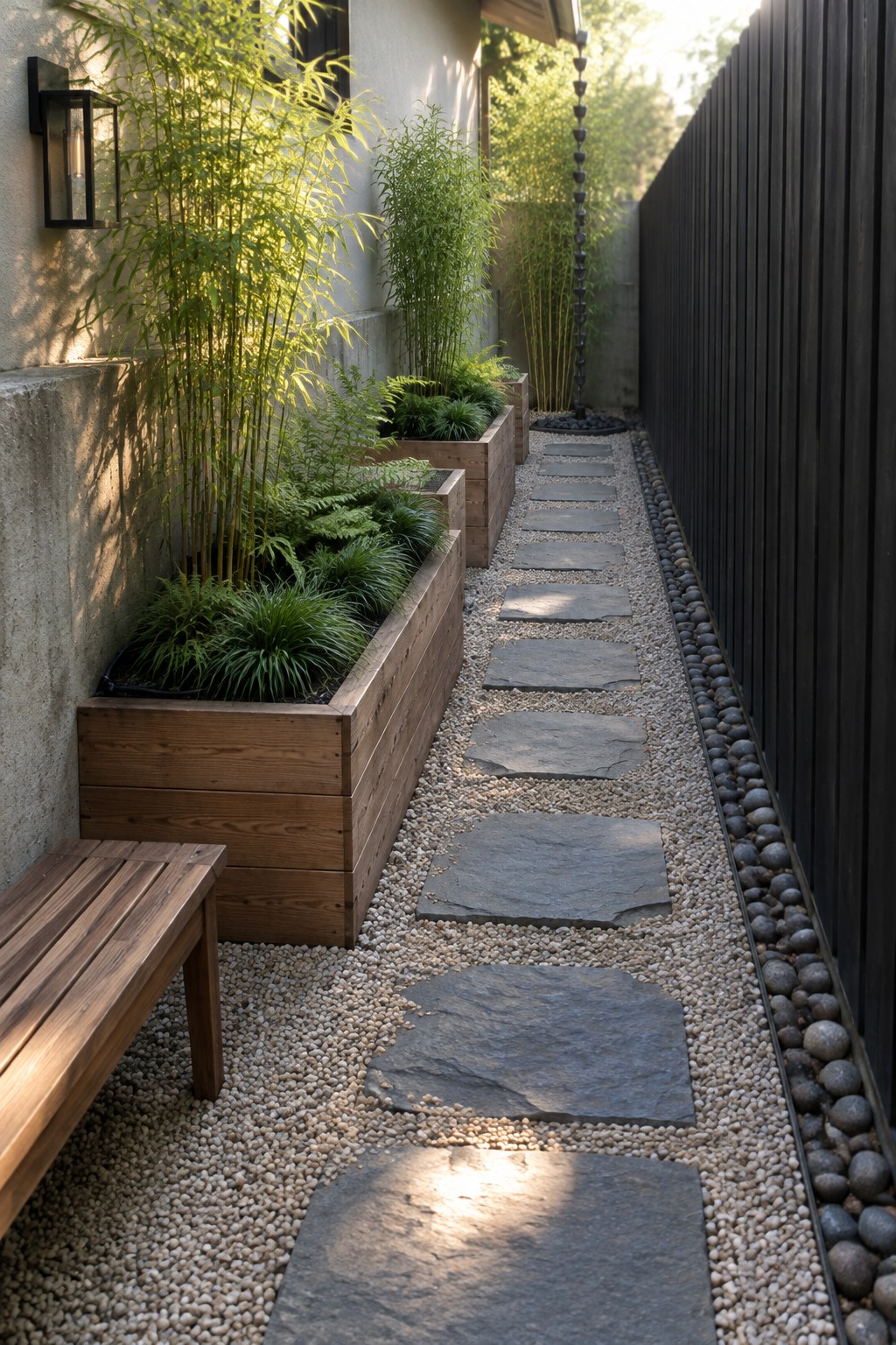 Narrow garden path with stone pavers, wooden planters, bench, and black fence.