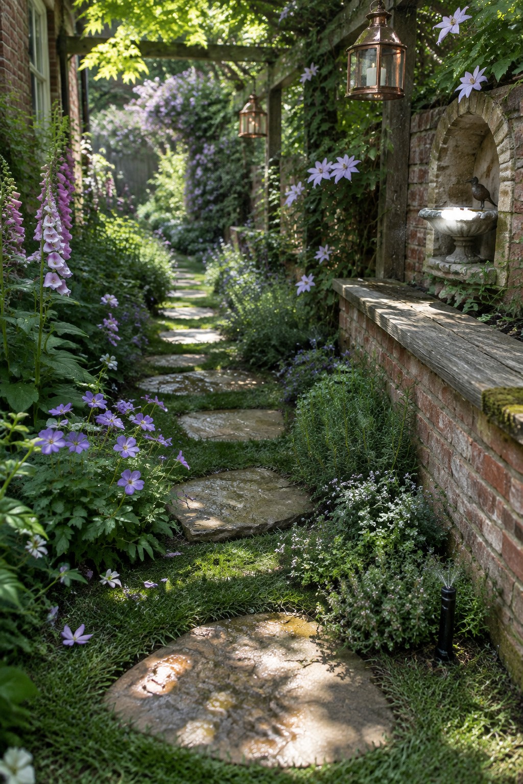 Stone path winds through lush purple flowers, lanterns, and brick fountain niche.