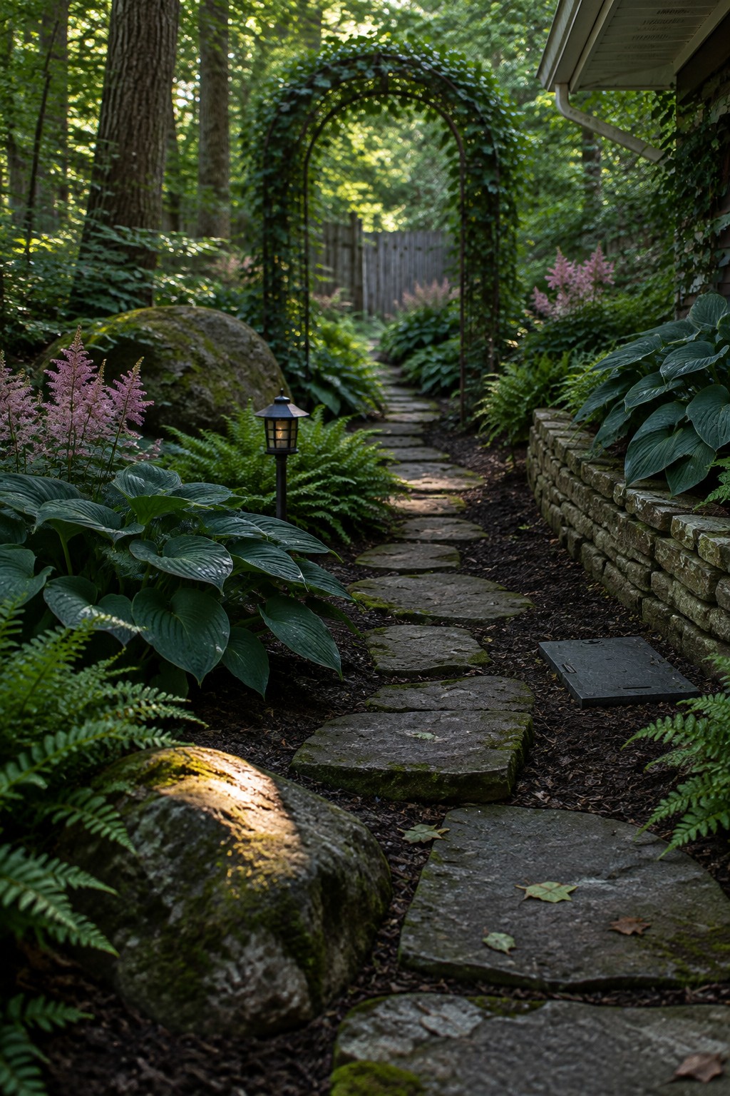 A narrow side yard path made of irregular stepping stones runs between hostas, ferns, and a low stone retaining wall, passing under a vine-covered metal arch.