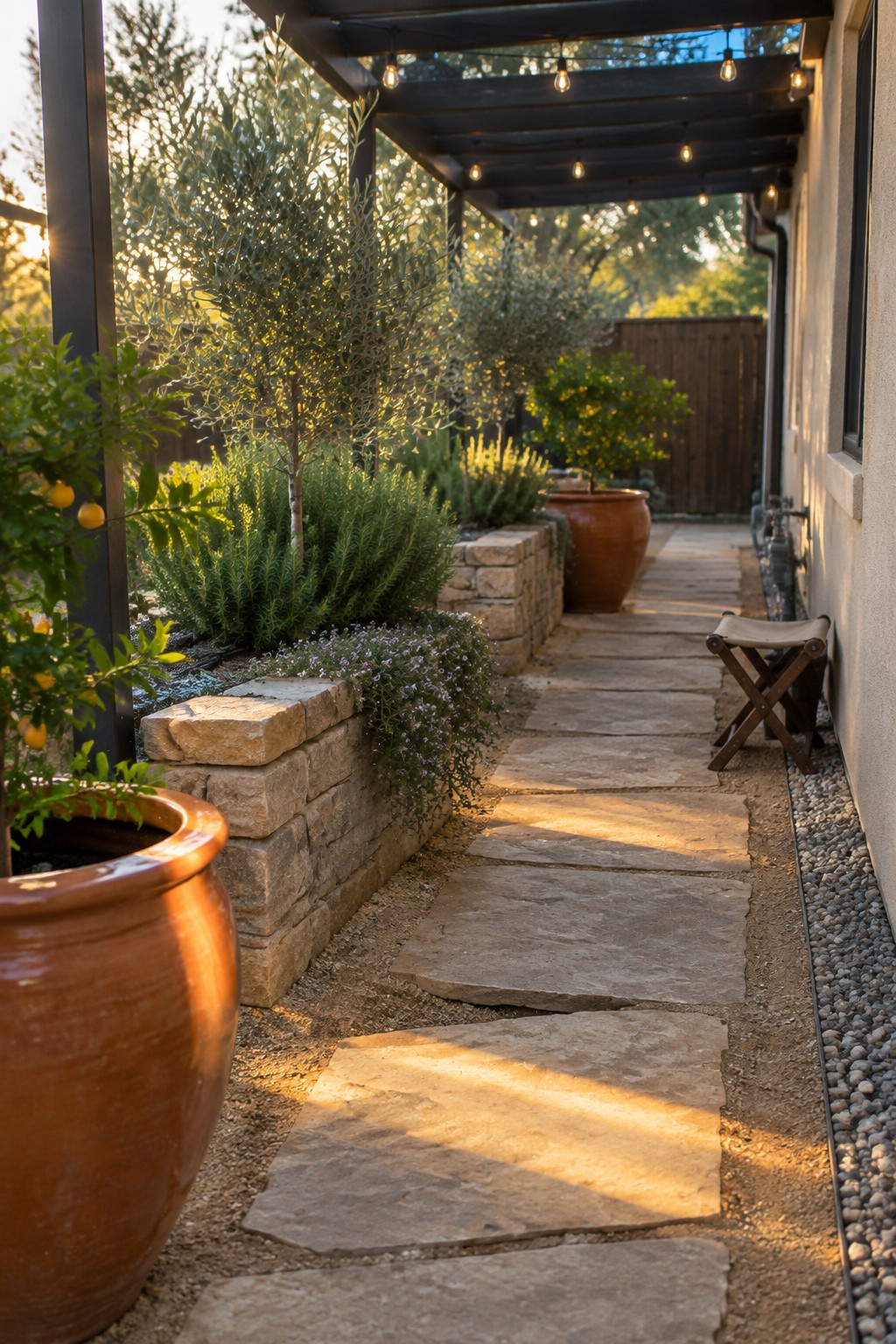 Stone pathway under pergola with string lights, terracotta pots, and garden beds
