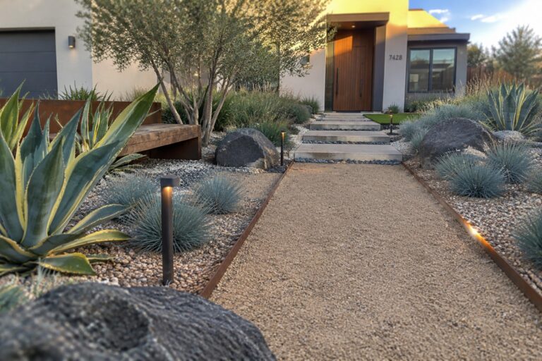 16 Smart Front Yard Landscaping Ideas for Low-Maintenance Planting Modern home entrance with gravel path, agaves, boulders, grasses, and pathway lights
