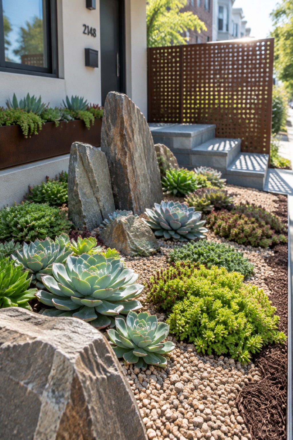 Modern front garden with succulents, rocks, gravel, and perforated metal screen