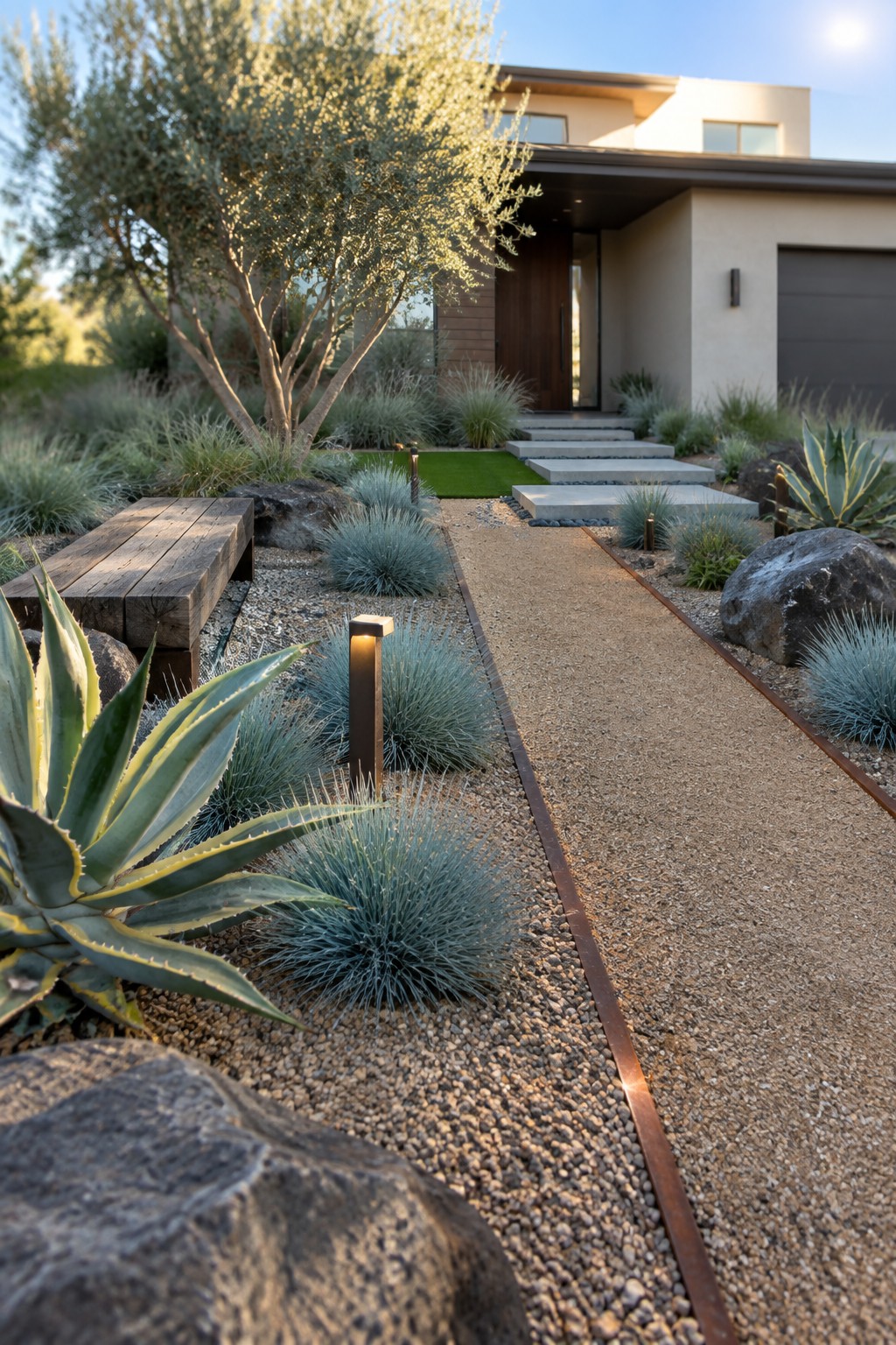 Modern home entrance with gravel path, agaves, boulders, grasses, and pathway lights