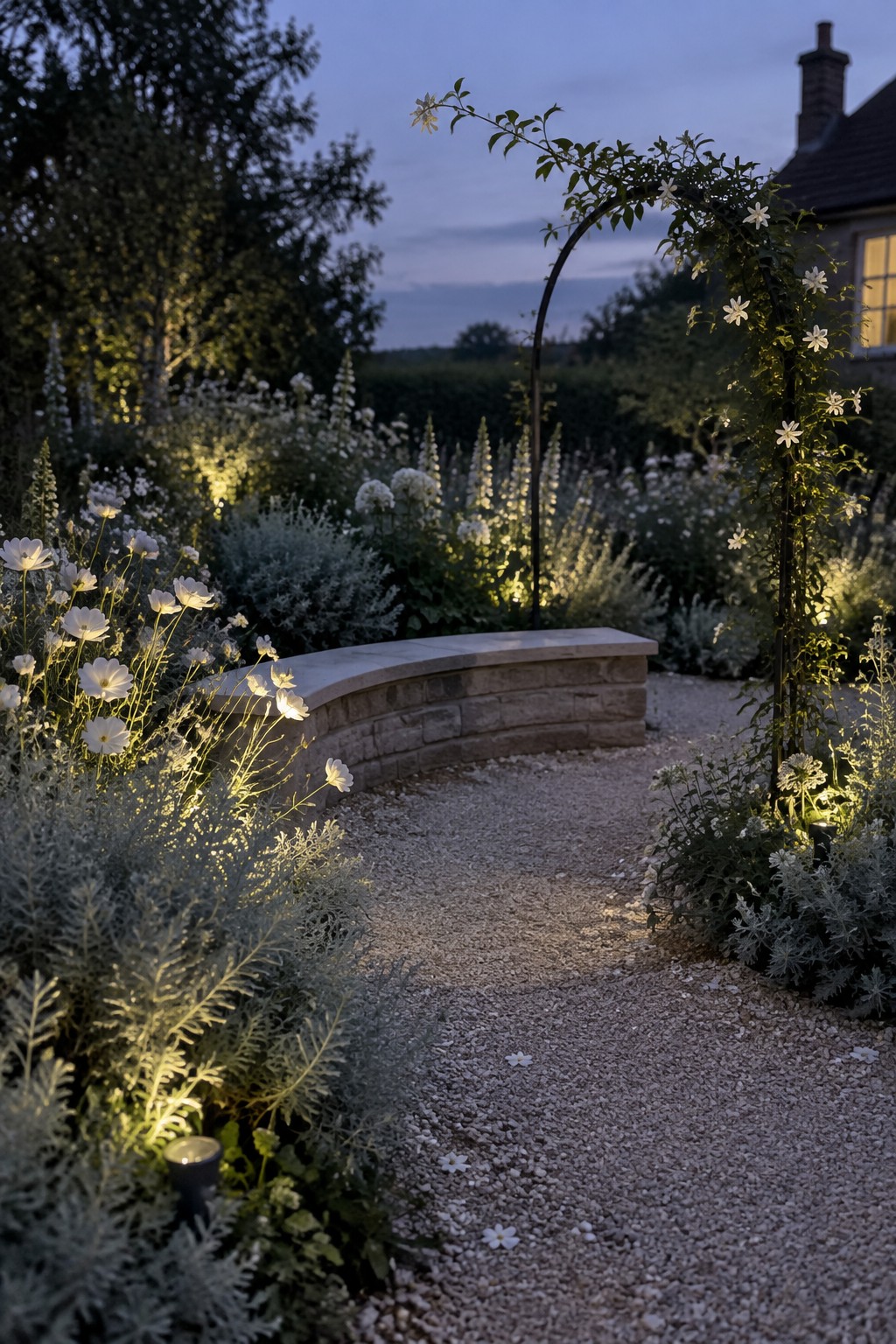 A gravel path curves past a low curved stone bench lined with white flowers and silvery foliage, with an arched trellis on the right.