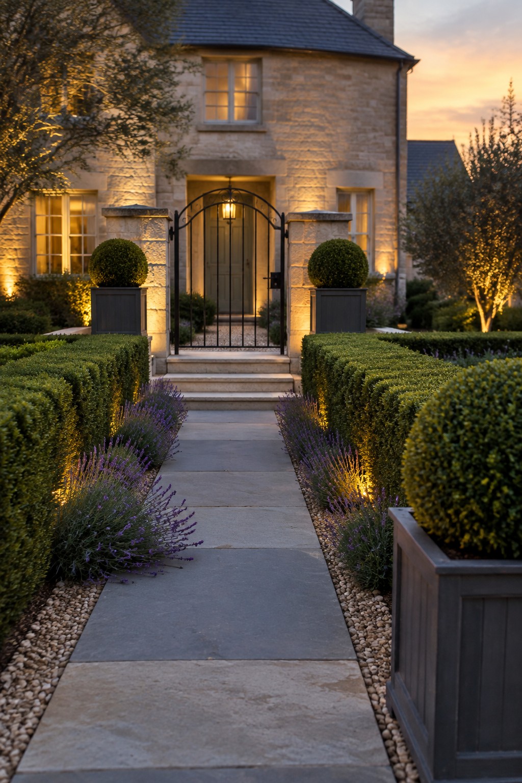 A stone pathway lined with lavender and rounded boxwood shrubs leads to a stone house entrance with a black metal gate.