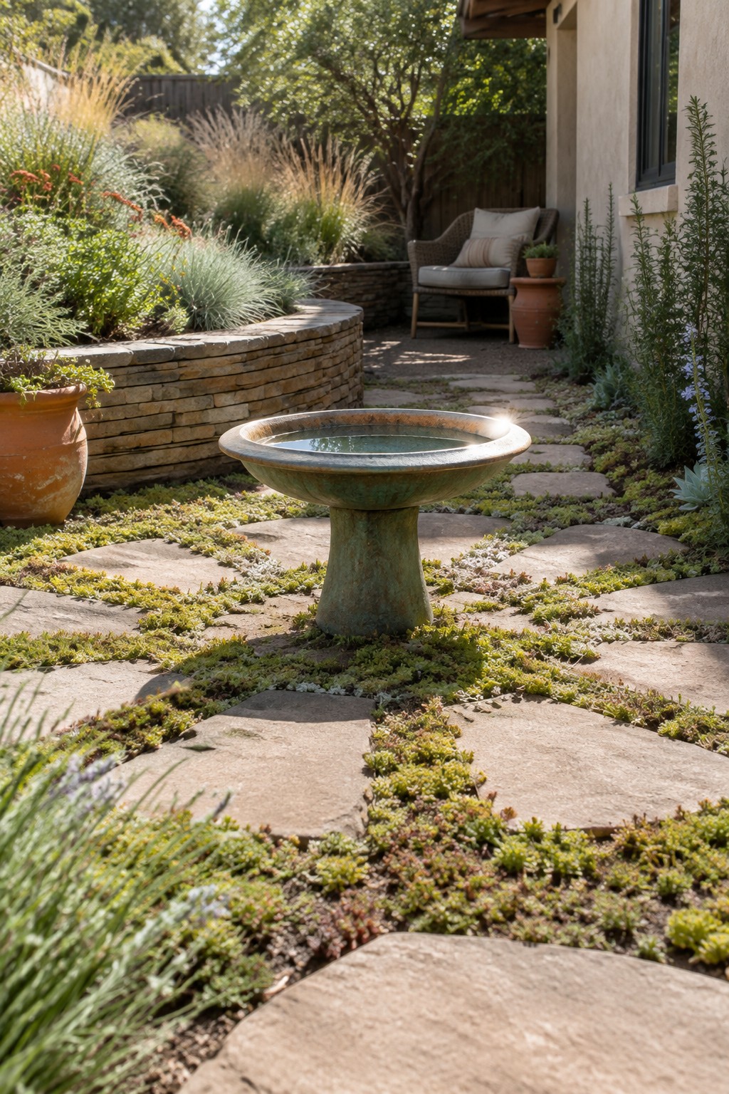 A garden path made of large irregular stepping stones with low green ground cover plants growing between them, a green birdbath in the center, and a stone retaining wall with potted plants in the background.