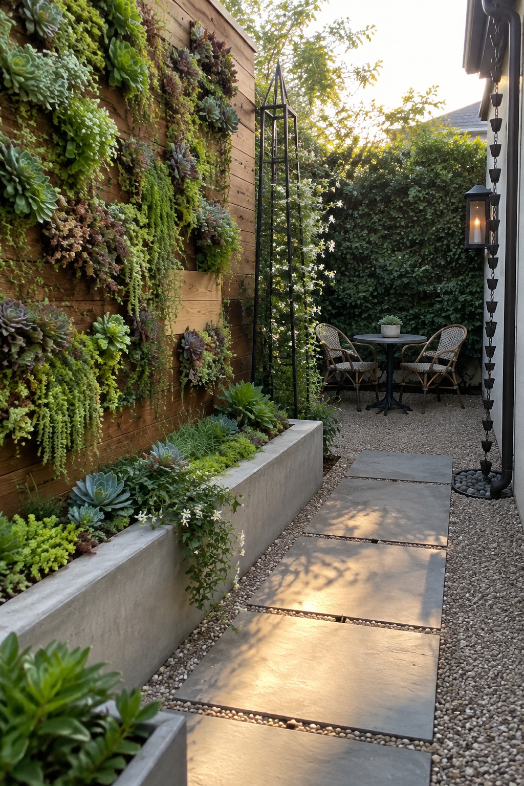 A gravel path with large stone pavers runs alongside a tall wooden wall covered in a dense vertical garden of succulents, with a concrete planter at the base.