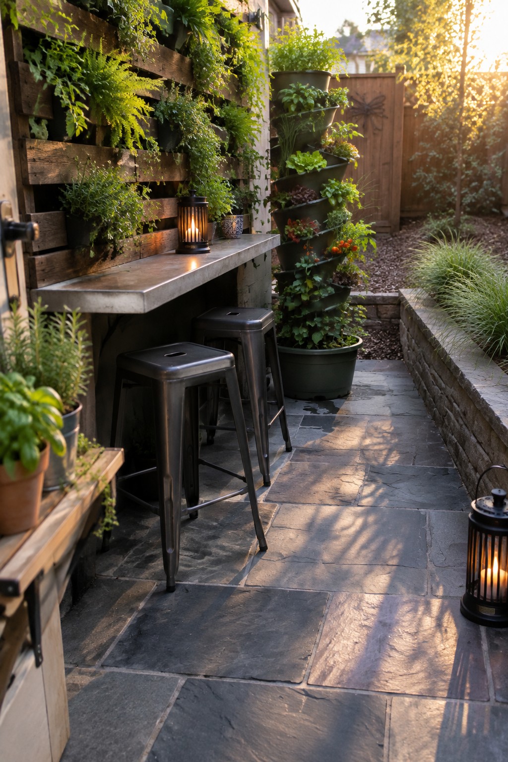 A narrow stone patio features a wooden pallet wall with potted plants on the left, two metal stools at a concrete counter, and stacked green planters filled with vegetables and herbs on the right.