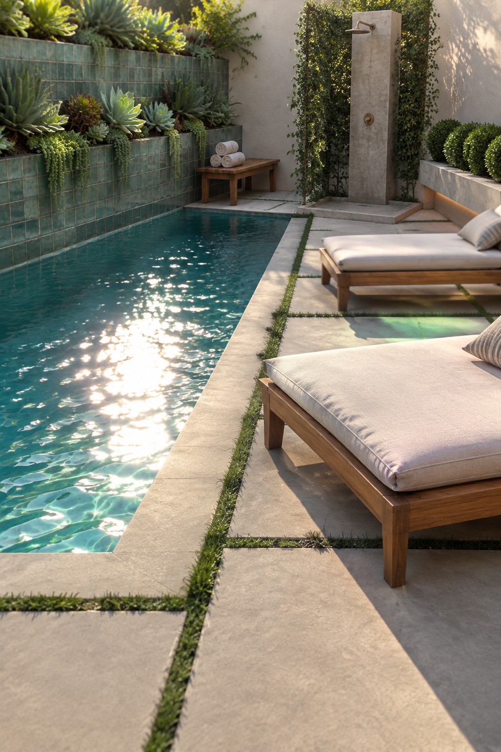 Sunlit pool with wooden lounge chairs, stone shower, and vertical succulent garden.