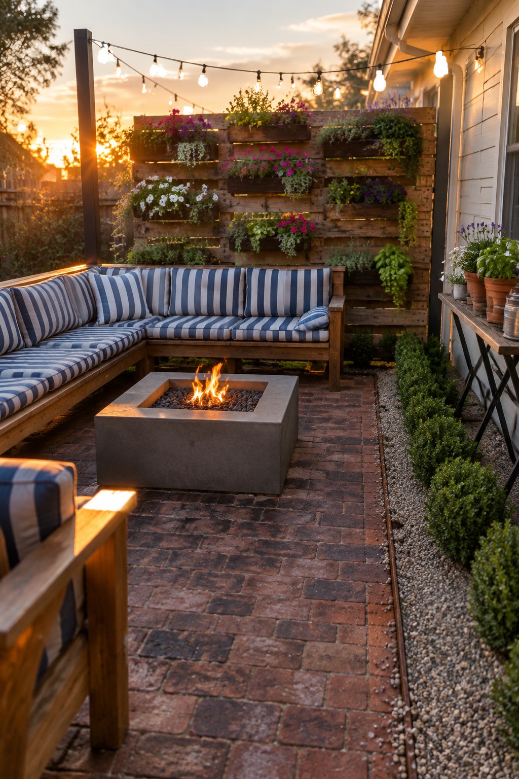 A small backyard patio at sunset with an L-shaped wooden bench, central fire pit, and a tall wooden pallet wall planter filled with colorful flowers and herbs.