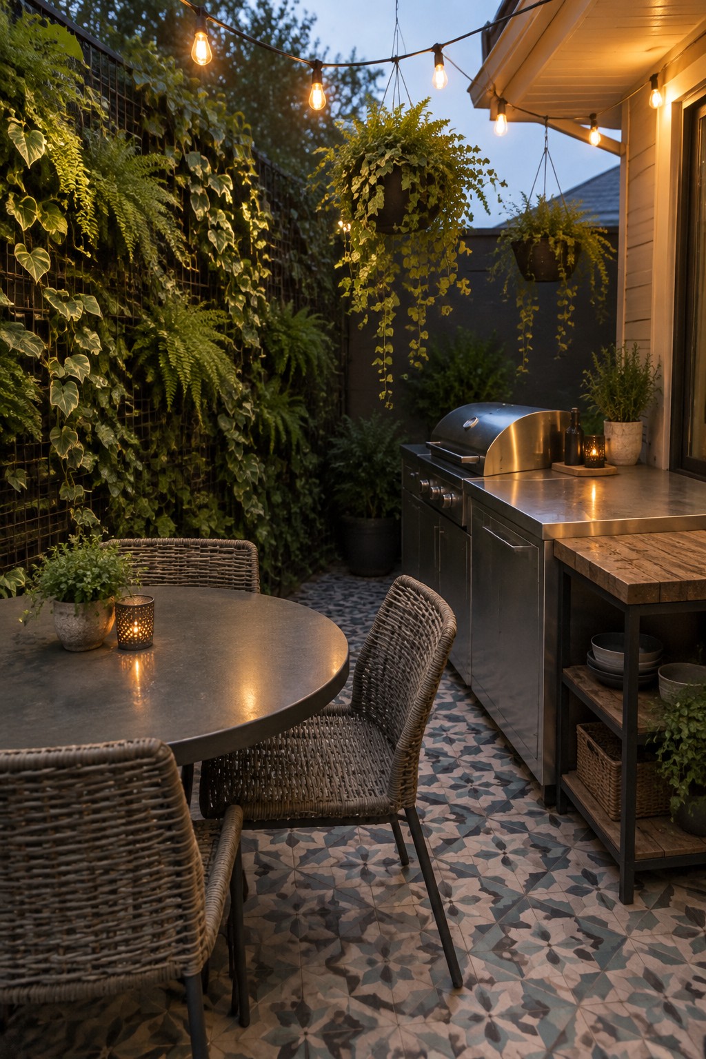 A compact backyard patio features a round metal table with woven chairs, a stainless outdoor kitchen, and a tall wall covered in ferns and vines under hanging string lights.