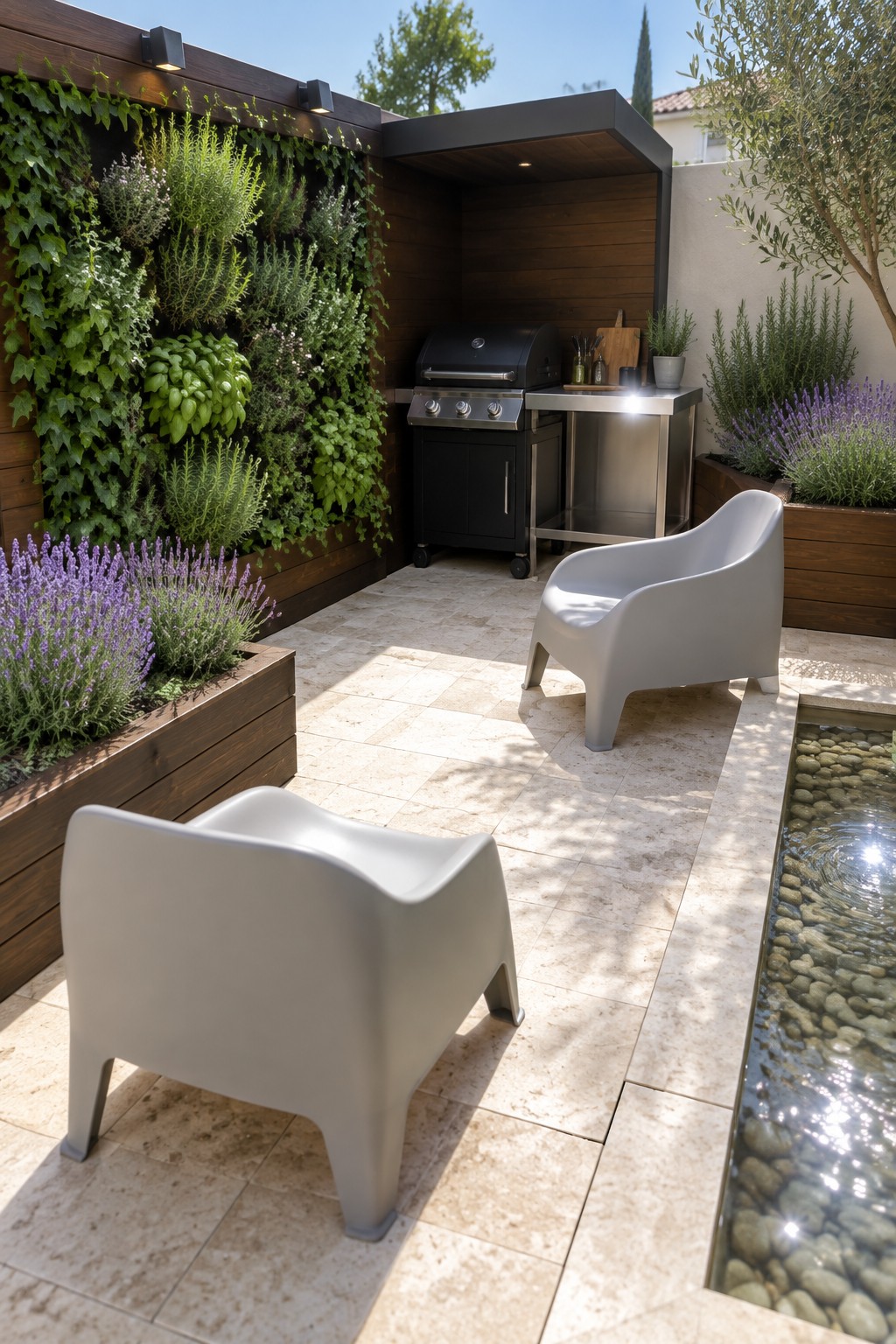 A small paved backyard features a tall vertical garden wall covered in green plants and purple flowers, a built-in grill area, two gray outdoor chairs, and a narrow water feature with pebbles.