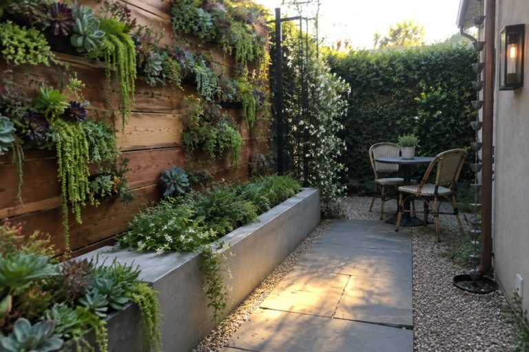 18 Smart Small Backyard Landscaping Ideas Using Vertical Planting A gravel path with large stone pavers runs alongside a tall wooden wall covered in a dense vertical garden of succulents, with a concrete planter at the base.