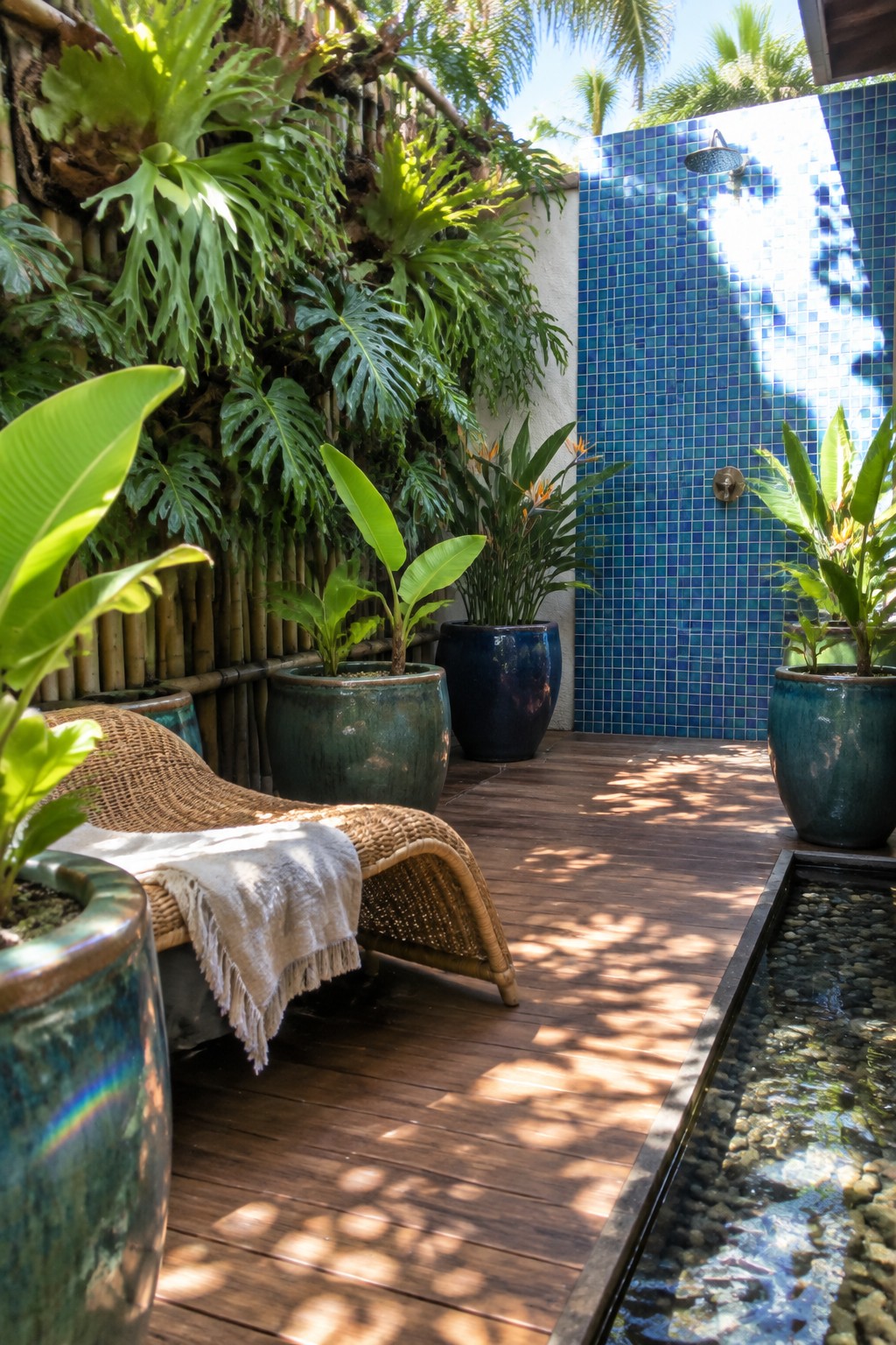 A wooden deck backyard with a bamboo wall covered in mounted green plants, several large ceramic pots, a woven lounge chair, and a blue tiled shower area.