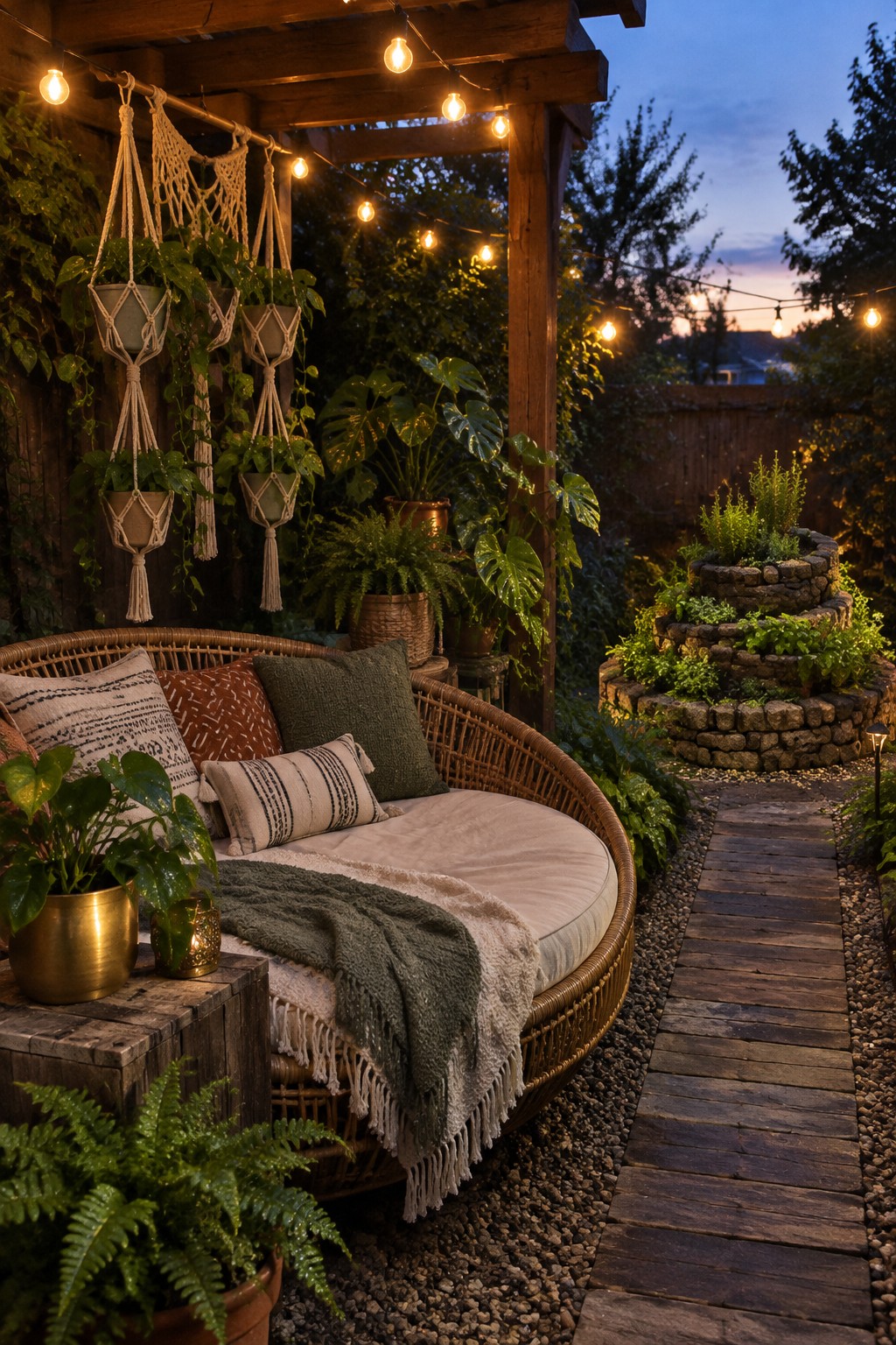 Cozy wicker daybed with pillows under string lights amid hanging plants on dusk patio