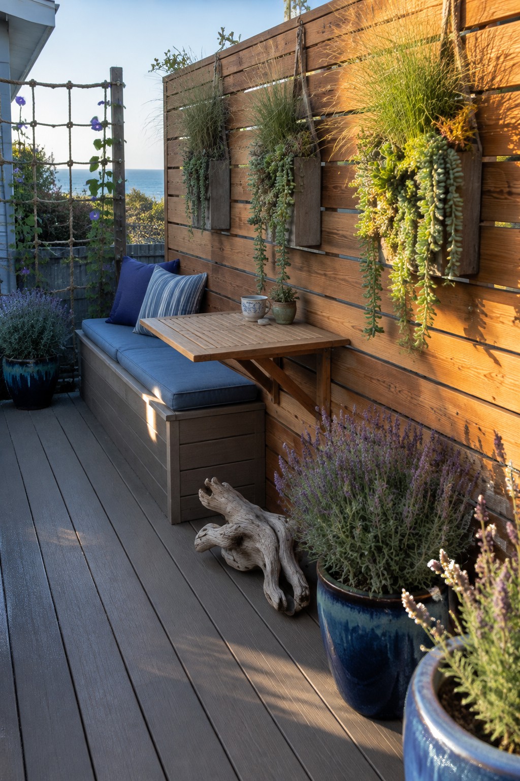 A wooden deck features a built-in bench with blue cushions, a fold-down table, and several wooden planters with trailing green plants mounted on a horizontal slat wall, plus large ceramic pots with lavender on the deck floor.