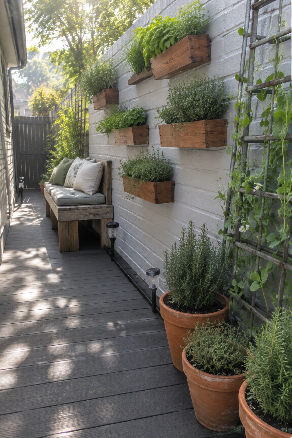A narrow deck beside a white brick wall with multiple wooden planter boxes mounted at different heights, terracotta pots on the ground, and a metal trellis with climbing vines.
