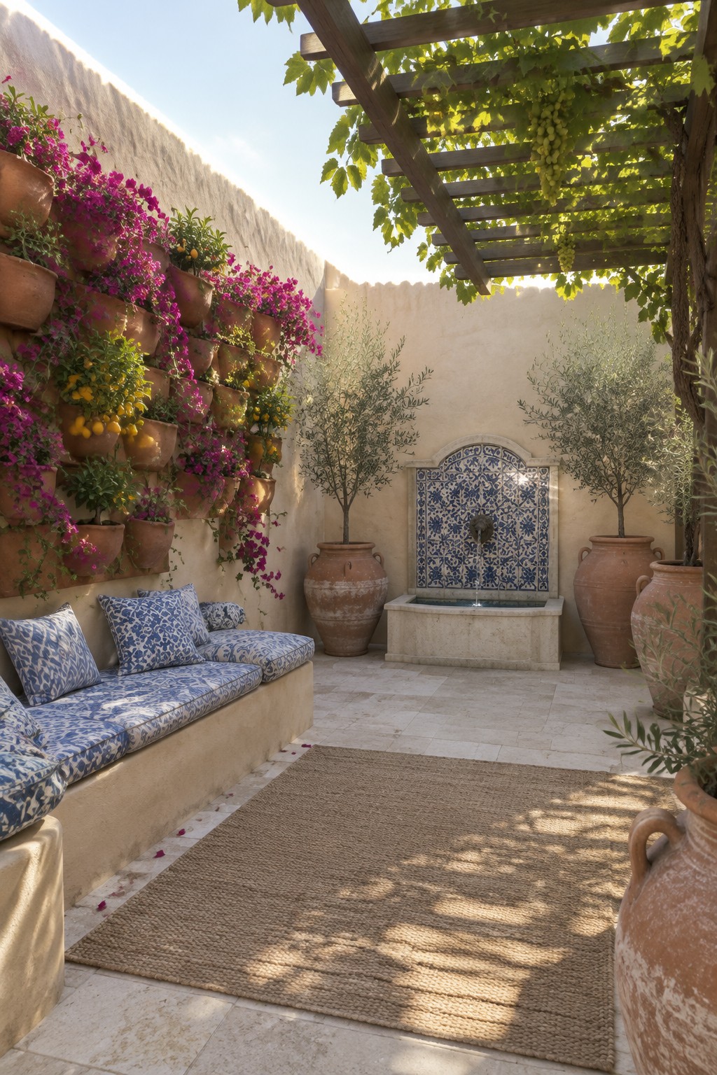 Sunlit courtyard with blue-tiled fountain, vertical garden, pergola, and woven rug.