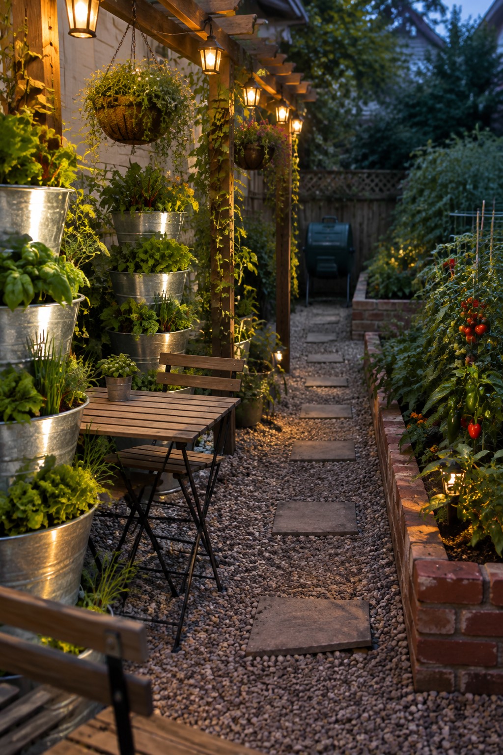 A narrow gravel backyard path lined with stacked metal buckets of plants on the left and a raised brick vegetable bed on the right, with hanging baskets and a small wooden table nearby.