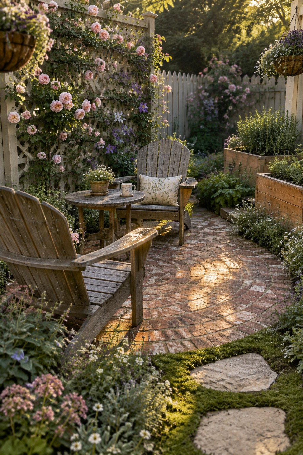 A brick garden path curves past wooden chairs and a round table toward a lattice fence covered in pink climbing roses, with hanging baskets and raised beds nearby.