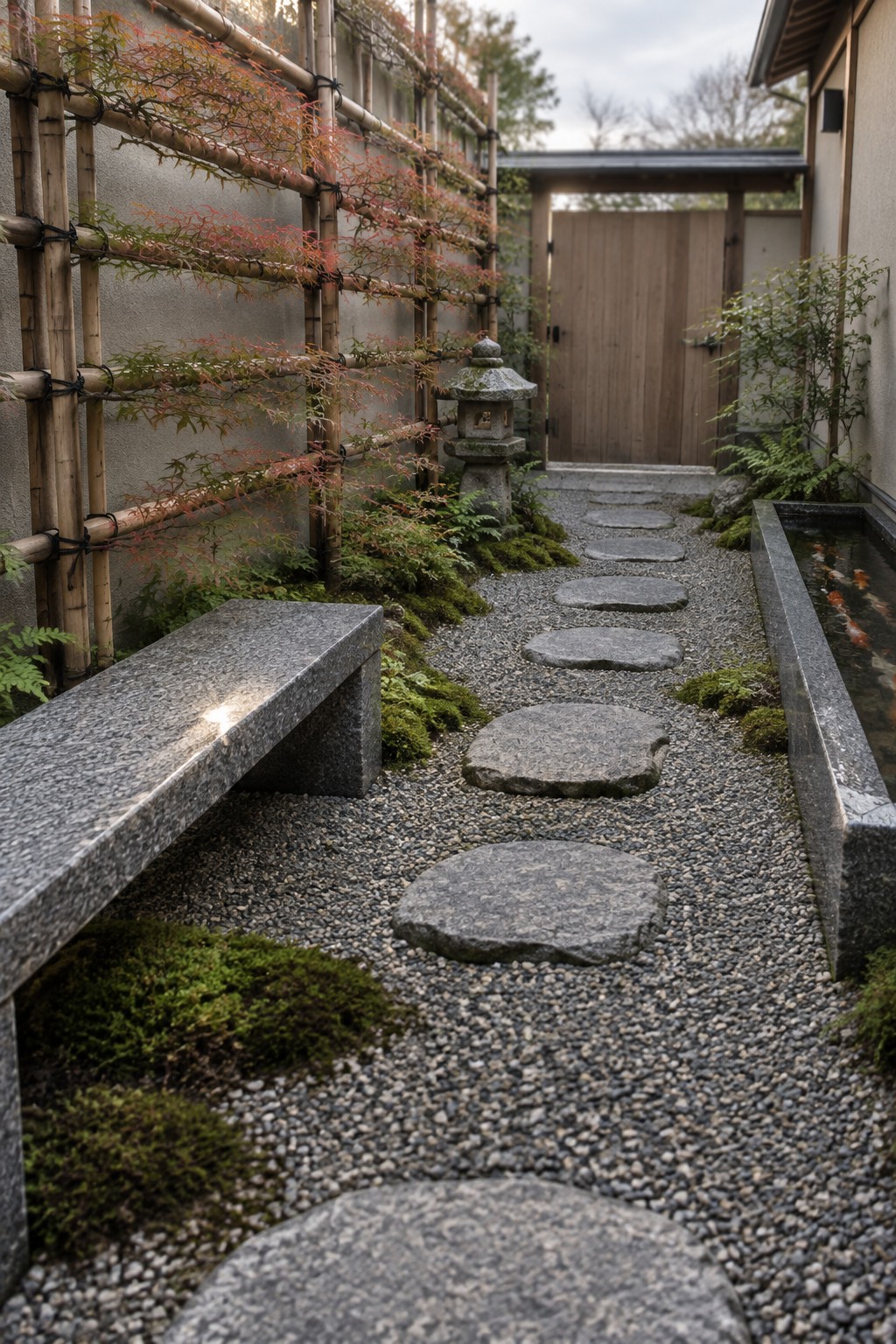 A narrow gravel garden path with large stepping stones runs beside a bamboo fence covered in red-leafed plants, with a stone lantern and water feature visible.