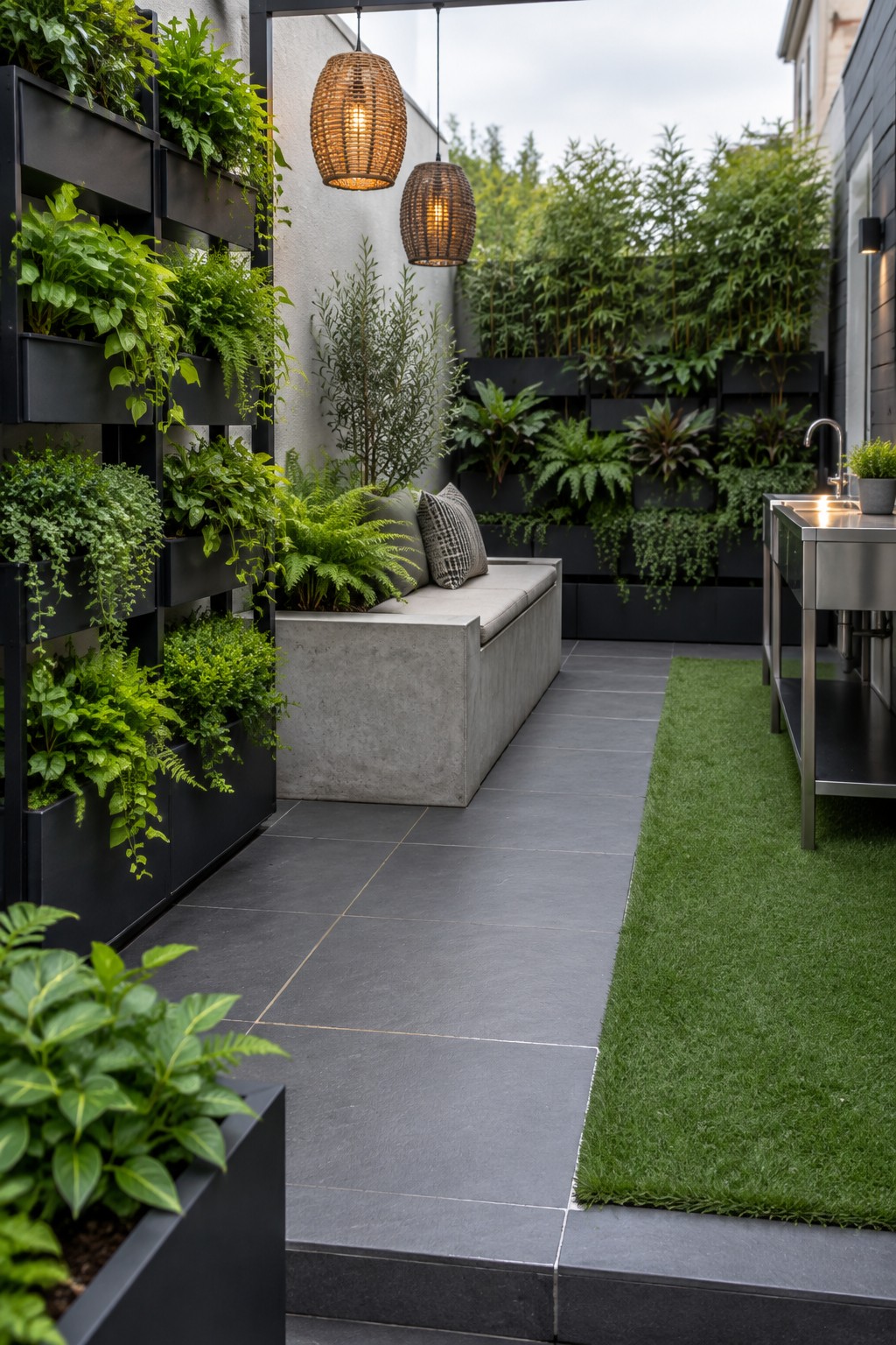 Modern patio with vertical gardens, concrete bench, hanging lanterns, and stainless sink