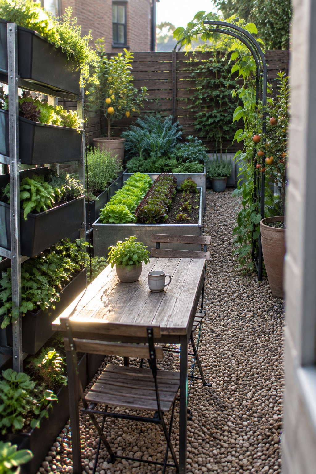 Wooden table and chairs on gravel path amid raised beds, vertical planters, and tomato vines.