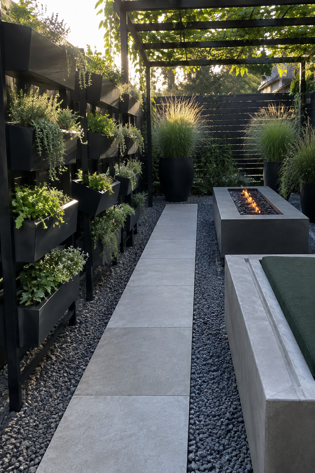 Modern patio with vertical black planters, concrete fire pit, and gravel path.