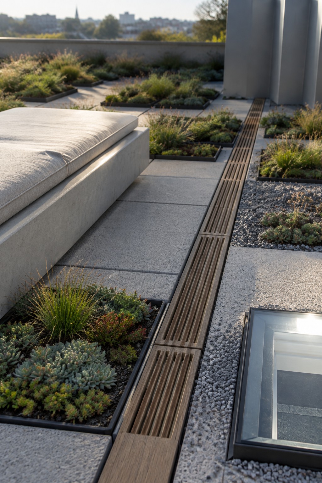 Rooftop garden with modular planting trays, concrete pavers, linear drainage grates, gravel sections, and a skylight.