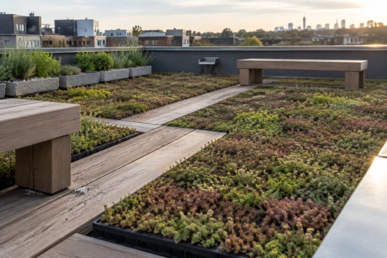 12 Sustainable Roof Garden Designs Focused on Drainage and Lightweight Growing Media A rooftop garden covered in rows of modular black planting trays filled with succulents, with wooden benches and a city skyline visible in the background.