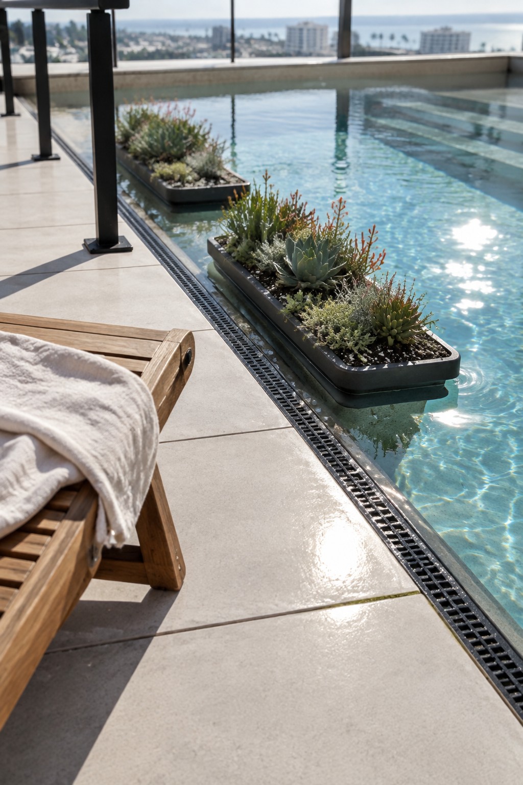 Rooftop pool with black rectangular planters holding succulents floating near the edge, a linear drain grate, and a wooden lounge chair on light tile.