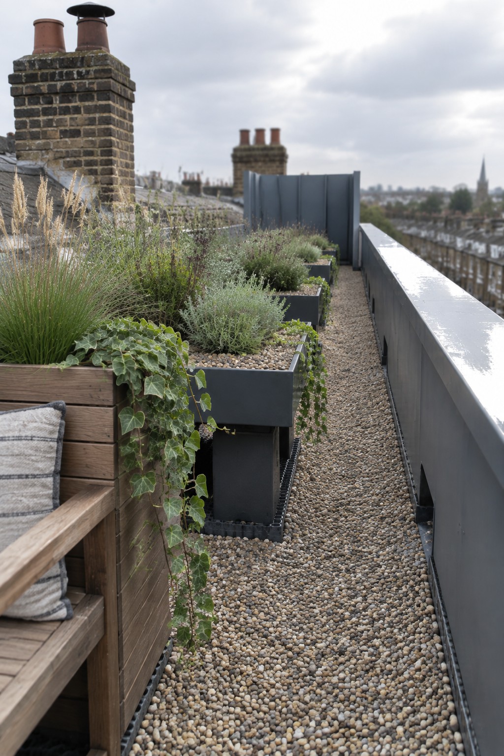 A rooftop garden features rectangular dark planters with green and purple plants set on a bed of gravel, with a wooden bench and pillow visible in the foreground and city chimneys in the background.