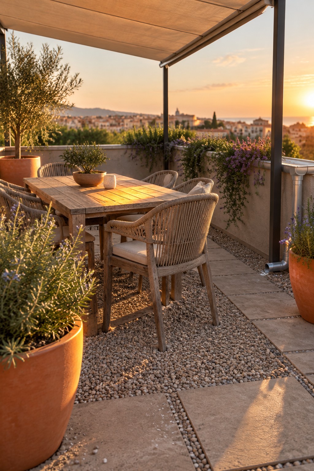 A rooftop terrace with a wooden dining table and woven chairs on a surface of stone pavers and gravel, surrounded by terracotta pots with plants and overlooking a coastal town at sunset.