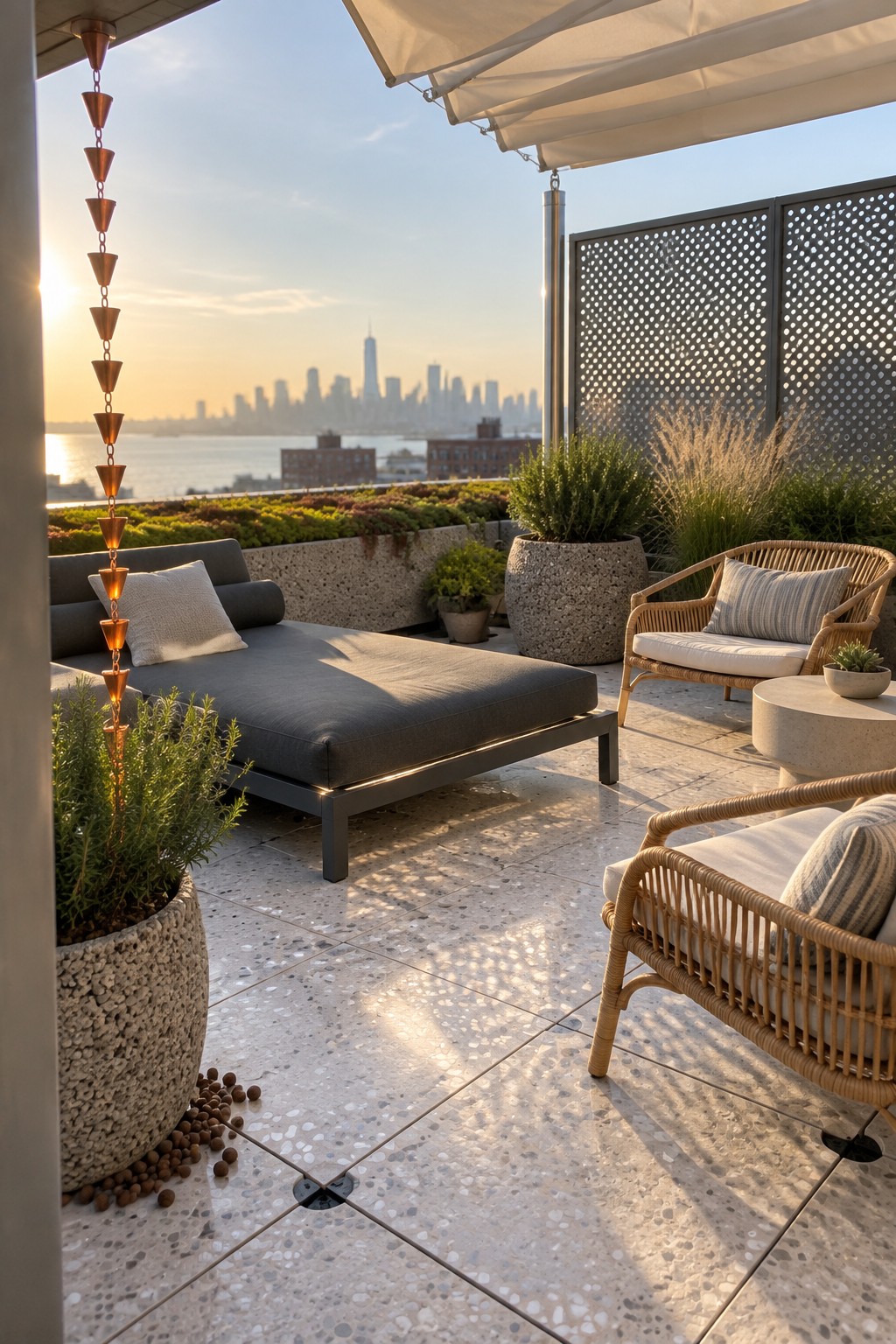 Rooftop terrace with dark lounge chair, two wicker armchairs, round concrete table, several large textured planters with green plants, copper rain chain on the left, city skyline in the background at sunset.