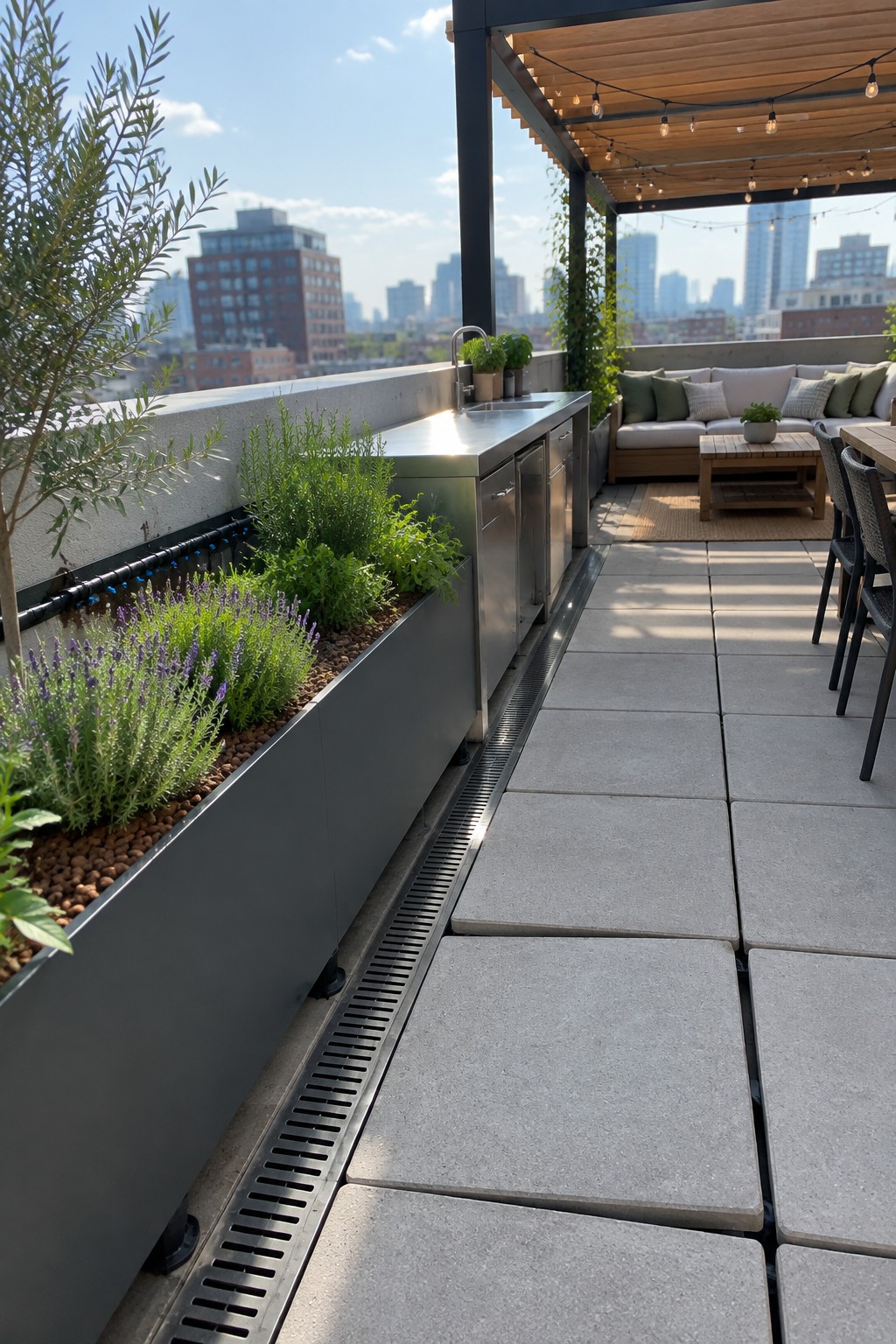 Rooftop terrace with raised metal planters containing lavender and green plants, a stainless steel outdoor kitchen, linear drainage channel, and gray tile flooring overlooking a city skyline.
