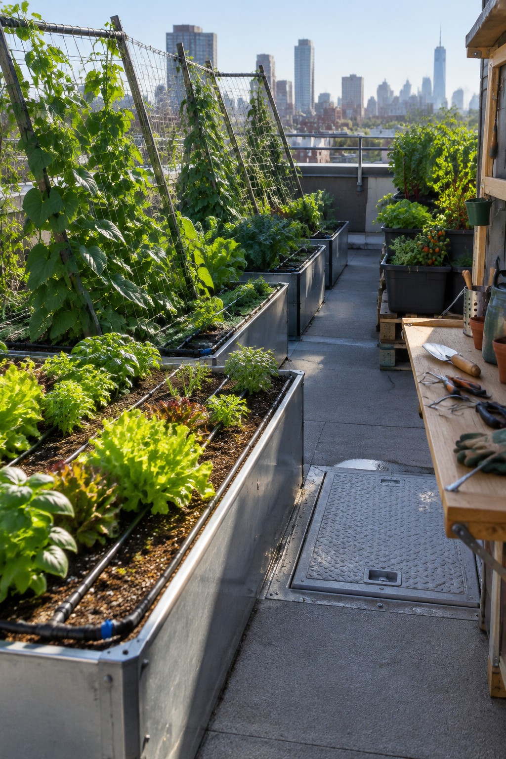 Rooftop garden scene showing long rectangular metal planters with leafy vegetables, climbing vines on wire trellises, a wooden work table with tools, and a city skyline in the background.