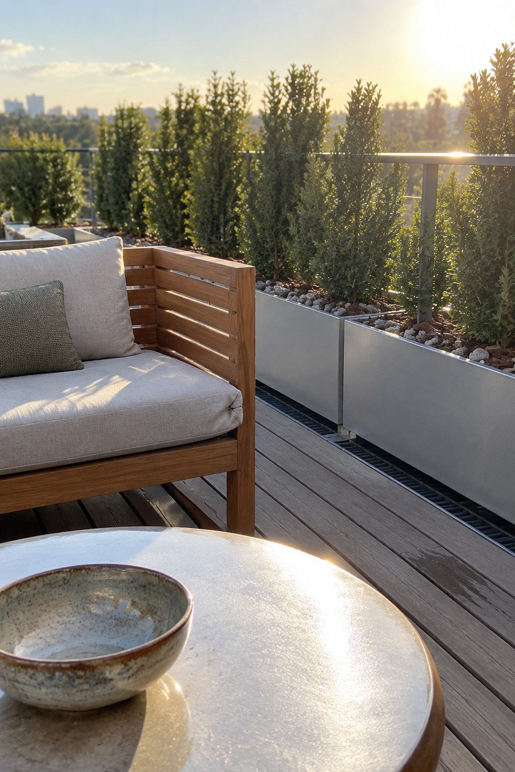 A rooftop deck with a wooden bench, round stone table, and tall plants growing in rectangular metal planters beside a metal railing.