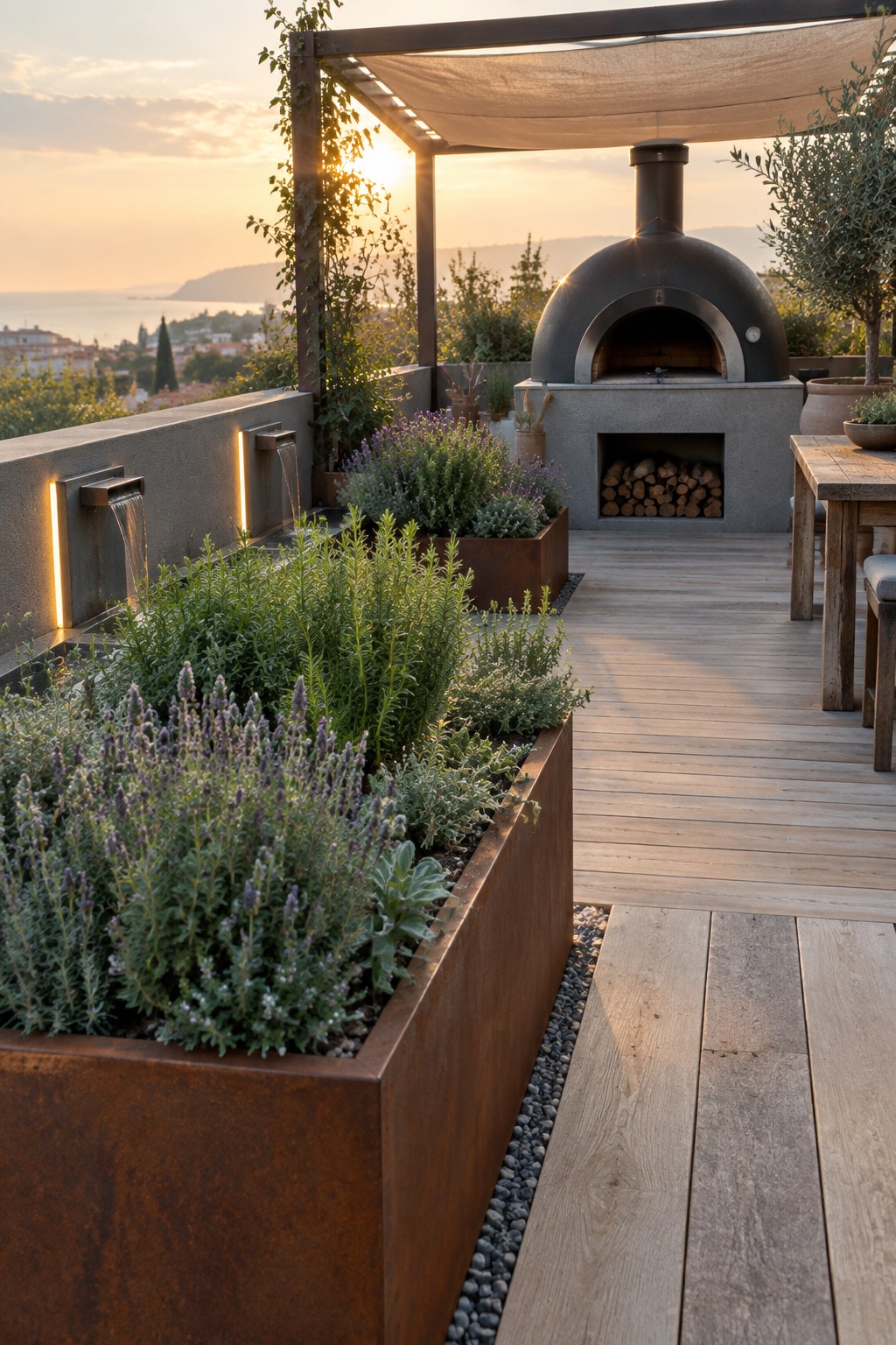 A rooftop terrace features large rectangular metal planters with lavender and green plants along a wooden deck, next to a built-in pizza oven and a wall-mounted water feature at sunset.