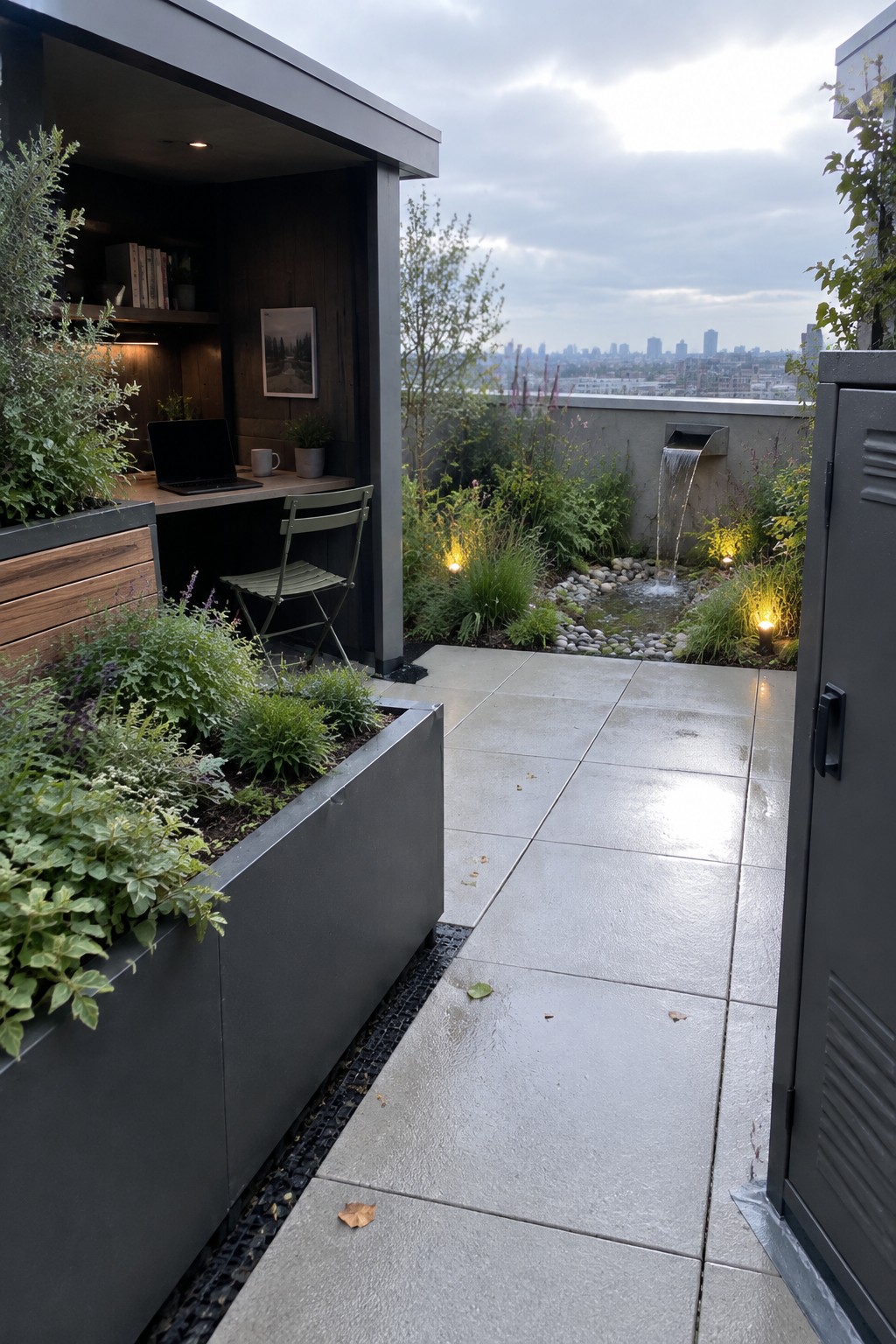 Rooftop terrace with raised metal planters, a small waterfall feature over pebbles, and a built-in desk nook overlooking a city skyline.