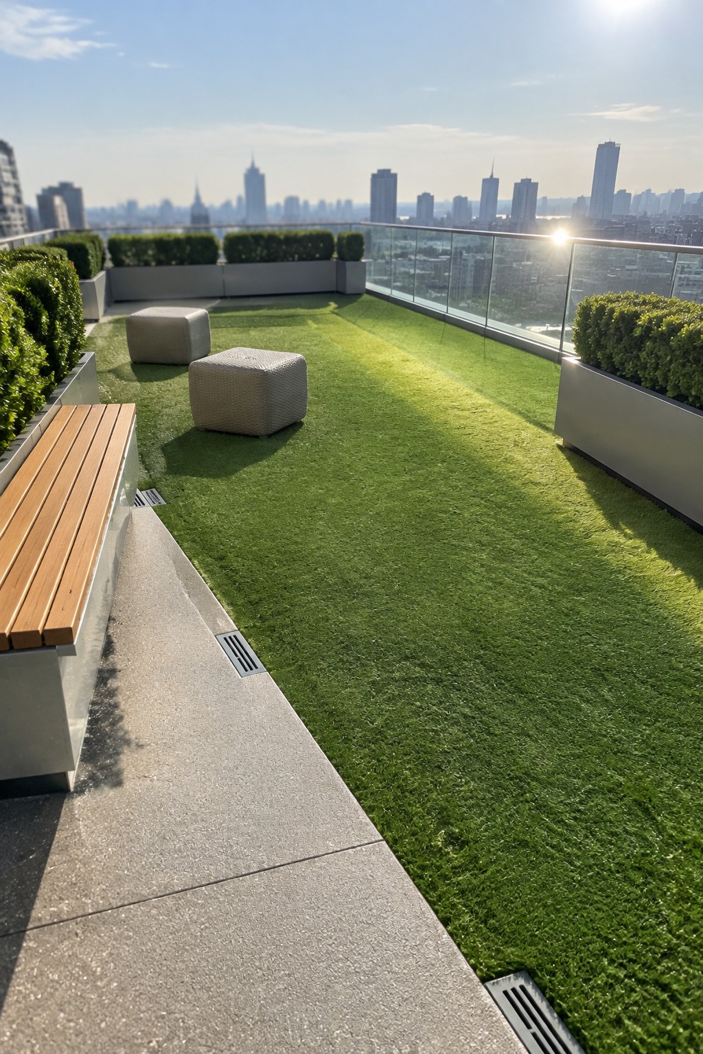 Rooftop terrace with artificial turf, wooden bench, two woven ottomans, raised planters with green shrubs, glass railing, and city skyline view.