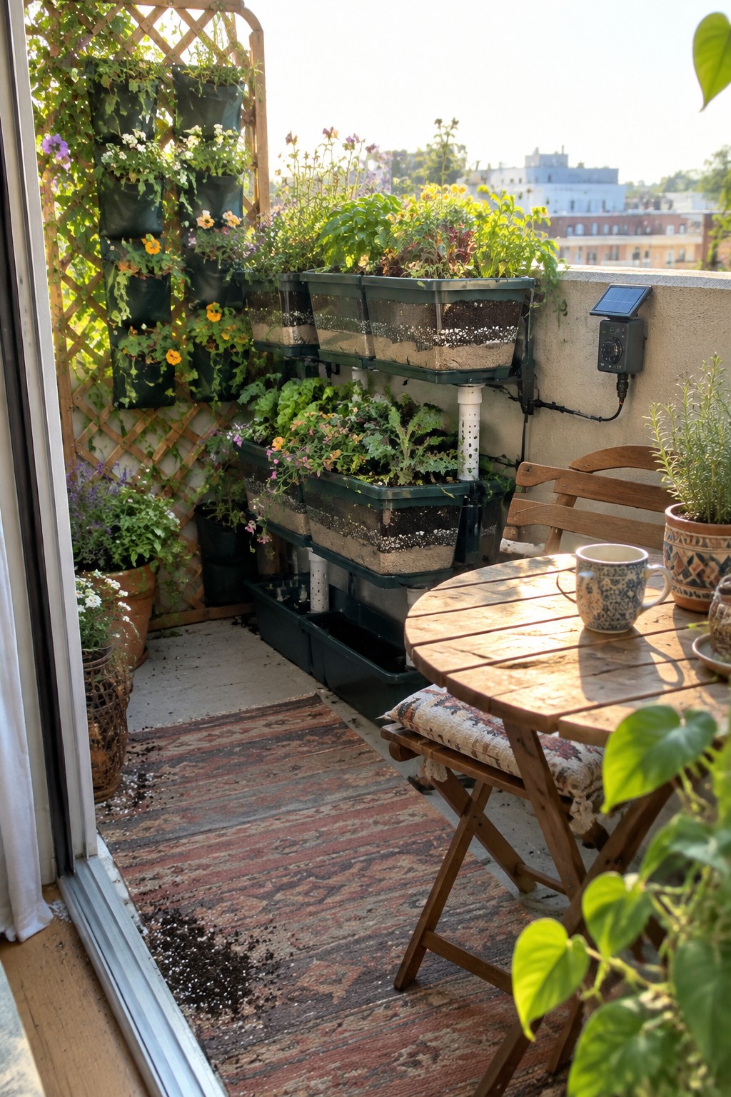 Sunny balcony garden with stacked planters, vertical herbs, wooden table, chairs, and rug.