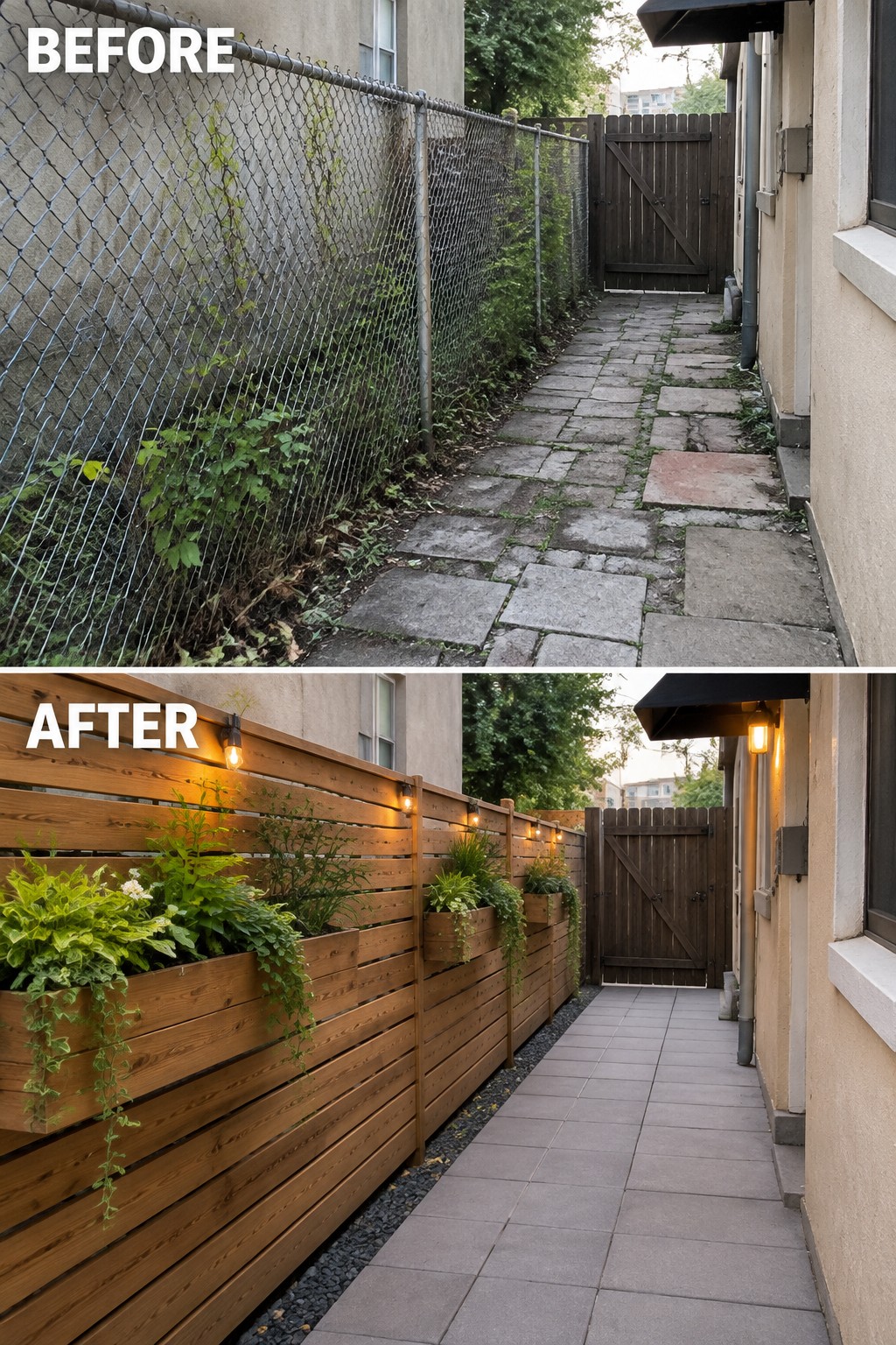 Before-and-after image of an overgrown walkway with chain-link fence changed into a clean path lined with a wooden slatted fence and built-in planters.