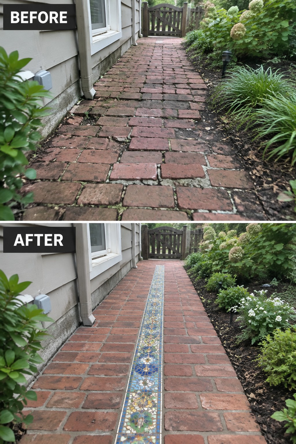 Before and after of brick path repaired with colorful mosaic tile runner
