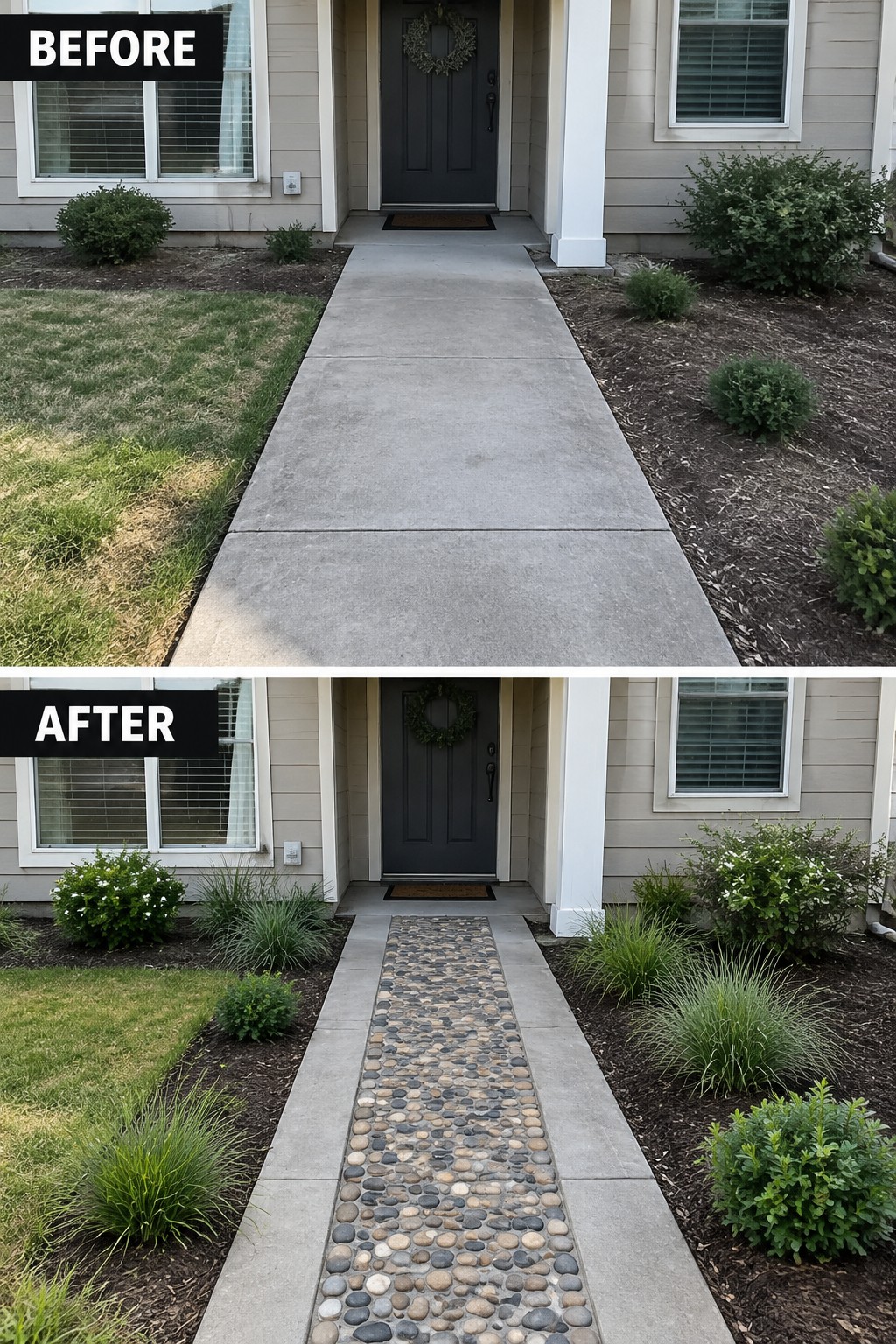 Before-and-after view of front walkway transformed with pebble mosaic and lush landscaping.